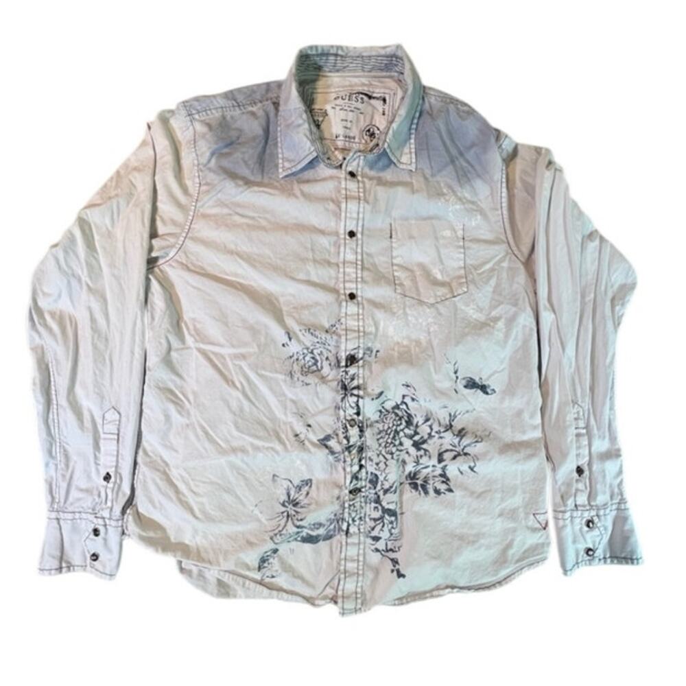 Guess‎ Men’s XL Denim & Oil Goods White & Blue Floral Print Button Down Shirt